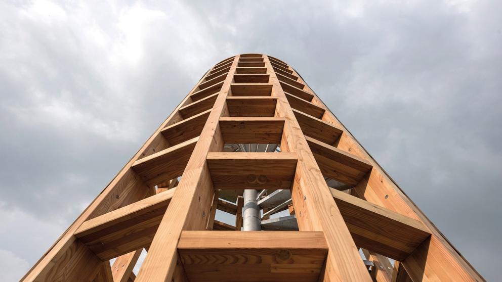 Vyhlídkový stožár je novým orientačním bodem v krajině a nabízí výjimečný výhled na Větrušické rokle na protějším břehu Vltavy