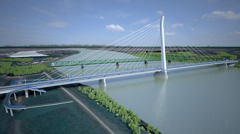 Založenie pylónu nového cestného mosta v Komárne
