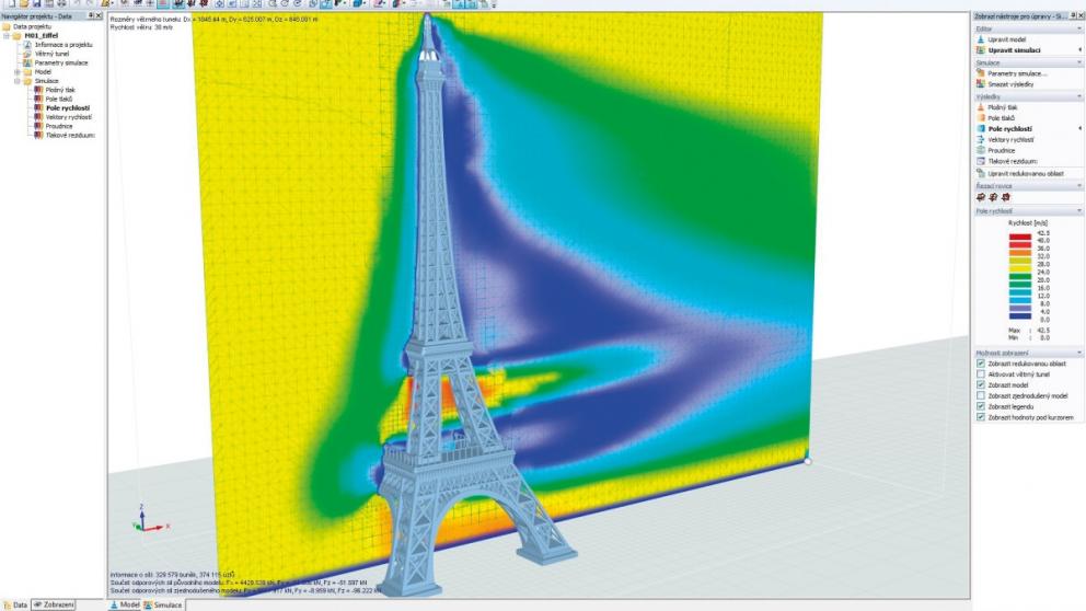 Ukázka výsledků simulace – pole rychlostí v okolí modelu Eiffelovy věže