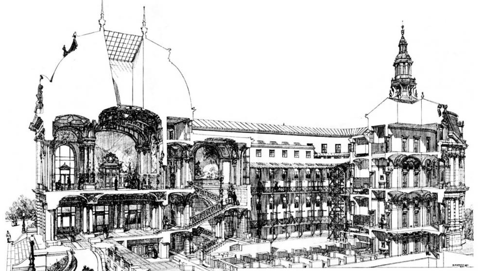 Císařské lázně – řez budovou podle návrhu arch. Fellnera a Helmera z roku 1894