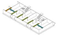 Schéma rozložení a uložení nosníků DELTABEAM® v projektu bytového komplexu Rivapark v Dunajské Stredě. Nosníky pochází ze závodu Peikko v Králové nad Váhom.