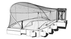 Axonometrický pohled na 3D model konstrukce voliéry u pavilonu Sečuán v pražské zoo.