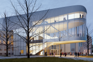 Projekt koncertního sálu a rekonstrukce DKMO, vizualizace exteriéru vstupní části přístavby koncertního sálu, Steven Holl Architects & Architecture Acts, 2024