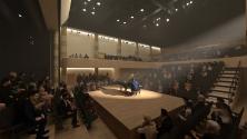 Projekt koncertního sálu a rekonstrukce DKMO, vizualizace interiéru nově zrekonstruovaného komorního sálu, který vznikne úpravou stávajícího společenského sálu DKMO, Steven Holl Architects & Architecture Acts, 2024