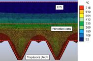 Obr. 2 – Příklad numerického MKP modelu sledující vývoj teplot ve skladbě lehké střechy s trapézovým plechem a statickou výměnou, rozměry nejsou uvedeny na přání objednavatele modelu.