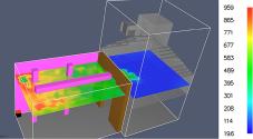 Obr. 5 – Příklad numerického CFD modelu sledující vývoj kouře s předpokládaným flashoverem; v místnosti dva dřevěné sloupy, jeden dřevěný nosník a stěny obloženy dřevem; zdroj ohně v rohu místnosti o výkonu 300 kW.